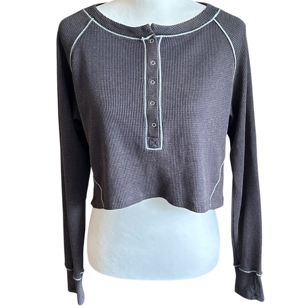 Free People‎ Intimately Top Size Large Gray Early Night Cropped Waffle Henley